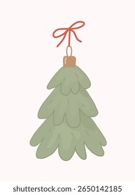 Christmas tree-shaped ornament in hand-drawn vector style. Soft green tones with red string and flat texture. Perfect for holiday cards, packaging, seasonal decor, printables, and digital design.