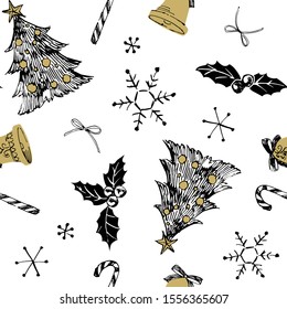 christmas tree,snow,bell and holly.endless pattern.vector