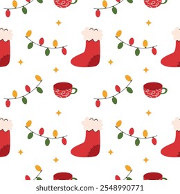 Christmas trend background. Seamless pattern with colorful garlands of light bulbs and christmas stocking. Texture for print, textile, fabric, packaging.