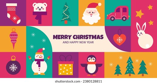 Christmas trendy design, christmas tree, gifts, winter elements and new years decorations. Vector illustration in flat geometric style.