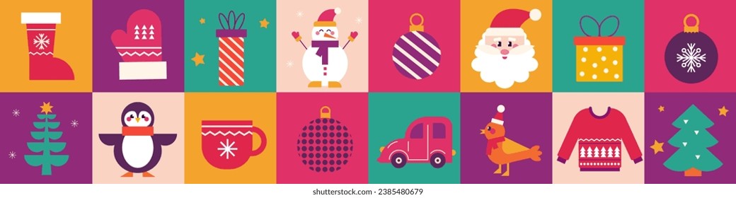 Christmas trendy design, christmas tree, gifts, winter elements and new years decorations. Vector illustration in flat geometric style.