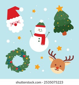 Christmas trendy design, christmas tree, snowman, mistletoe, reindeer, winter elements and new years decorations. Vector illustration in flat geometric style.