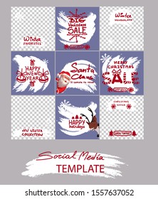 Christmas Trendy editable post frame templates. Design for social media. Vector. Santa Claus and reindeer with snowflakes