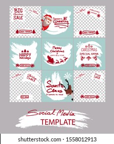Christmas Trendy editable post frame templates. Design for social media. Vector. Santa Claus and reindeer with snowflakes