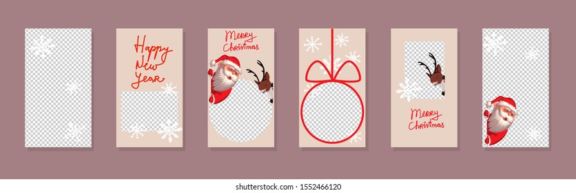 Christmas Trendy editable Stories template. Design for social media. Vector. Santa Claus and reindeer