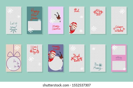 Christmas Trendy editable Stories template. Design for social media. Vector. Santa Claus and reindeer with snowflakes