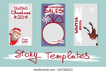 Christmas Trendy editable Stories template. Design for social media. Vector. Santa Claus and reindeer with snowflakes