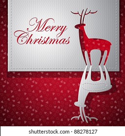 Christmas trendy greeting card with a Santa's deer - silver and red - paper cut vector illustration