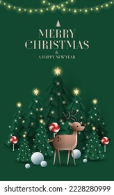 christmas tress and reindeer greetings design template vector, illustration