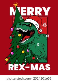 CHRISTMAS T-REX DINOSAUR ILLUSTRATION WITH CHRISTMAS HAT AND PINE