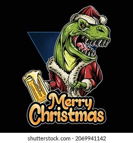 christmas t-rex santa claus dinosaur bringing a glass of beer and partying 