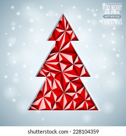 Christmas Triangle Mosaic Pattern with Tree and Label, vector background for design