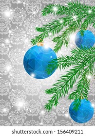 Christmas triangle pattern ball decorate card vector illustration, damask background
