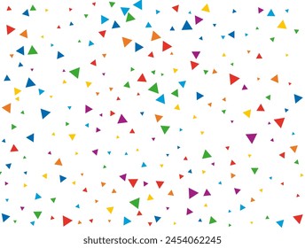 Christmas Triangular Confetti. Light Rainbow glitter confetti background. Colored festive texture