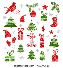 Christmas tribal design elements set. Hand drawn holiday ornamental icons: tree, fir, hat, mittens, sock, holly, bullfinch, gifts, ball.  Vector illustration EPS10 isolated on white background