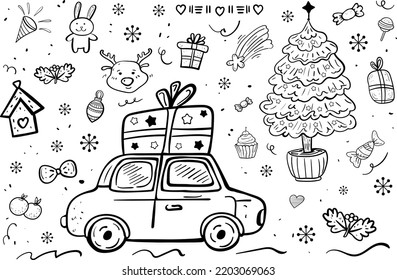 Christmas trip by car. Hand drawn doodle coloring for happy holiday