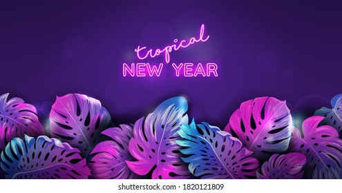 Christmas tropic neon banner, winter beach monstera palm leaves design , xmas tropical background,
 winter paradise party poster vector illustration, vibrant purple template with text place