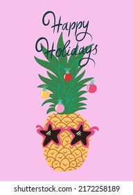 Christmas tropical card with pineapple. Vector graphics.