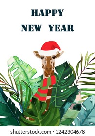 Christmas tropical frame. Card with palm tree, giraffe. Vector illustration. Watercolor style