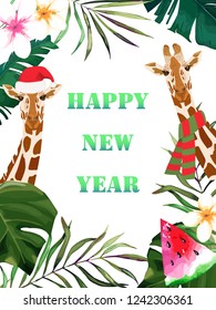 Christmas tropical frame. Card with palm tree, giraffe. Vector illustration. Watercolor style