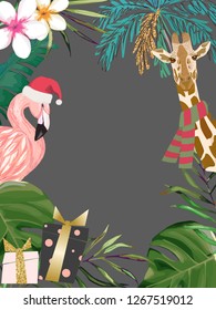 Christmas tropical frame. Card with palm tree, flamingo and giraffe. Vector illustration. Watercolor style