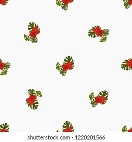Christmas tropical pattern with monstera leaf and bow. Vector watercolor seamless background. Decoration on white backdrop. Hand drawn illustration.