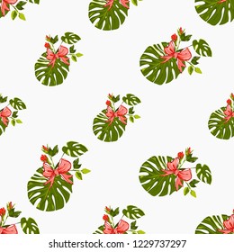 Christmas tropical pattern with monstera and stripped red Xmas bow. Vector watercolor seamless background. Decoration on white backdrop. Hand drawn illustration.