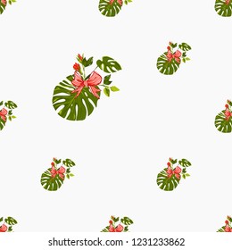 Christmas tropical pattern with monstera and stripped red Xmas bow. Vector watercolor seamless background. Decoration on white backdrop. Hand drawn illustration.