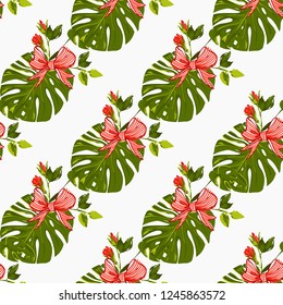 Christmas tropical pattern with monstera and stripped red Xmas bow. Vector watercolor seamless background. Decoration on white backdrop. Hand drawn illustration.