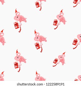 Christmas tropical pattern new year flamingo with present and Santa hat. Hand drawn illustration. Vector watercolor seamless background. Decoration on white backdrop. 