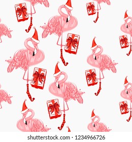 Christmas tropical pattern new year flamingo with present and Santa hat. Hand drawn illustration. Vector watercolor seamless background. Decoration on white backdrop. 