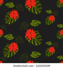 Christmas tropical pattern with red bow and monstera. Vector watercolor seamless background. Decoration on black backdrop. Hand drawn illustration.