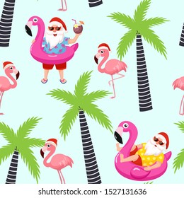 Christmas Tropical Pattern With Santa Claus And Flamingo. Vector Seamless Texture.