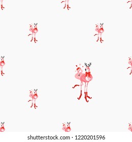Christmas tropical pattern with Santa and deer flamingo. Hand drawn illustration. Vector watercolor seamless background. Decoration on white backdrop.