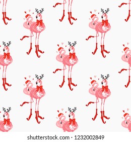Christmas tropical pattern with Santa and deer flamingo. Hand drawn illustration. Vector watercolor seamless background. Decoration on white backdrop.