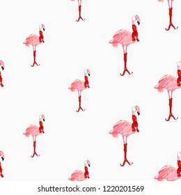 Christmas tropical pattern with winter flamingo with scarf. Vector watercolor seamless background. Decoration on white backdrop. Hand drawn illustration.
