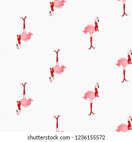 Christmas tropical pattern with winter flamingo with scarf. Vector watercolor seamless background. Decoration on white backdrop. Hand drawn illustration.