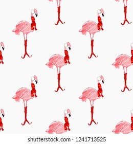 Christmas tropical pattern with winter flamingo with scarf. Vector watercolor seamless background. Decoration on white backdrop. Hand drawn illustration.