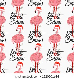 Christmas tropical pattern with Xmas flamingo with Santa hat and let it snow text. Vector watercolor seamless background. Decoration on white backdrop. Hand drawn illustration.