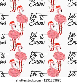 Christmas tropical pattern with Xmas flamingo with Santa hat and let it snow text. Vector watercolor seamless background. Decoration on white backdrop. Hand drawn illustration.
