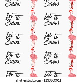 Christmas tropical pattern with Xmas flamingo with Santa hat and let it snow text. Vector watercolor seamless background. Decoration on white backdrop. Hand drawn illustration.