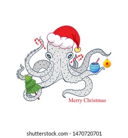 Christmas in the tropics. Octopus in the hat of Santa Claus with Christmas decorations, caramel, cocktail and Christmas tree. Hand drawn illustration. Vector sketch. 
