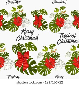 Christmas in the tropics. Seamless pattern with green monstera and red Xmas bows. Digital watercolor seamless background. Decoration on white backdrop. Hand drawn illustration.