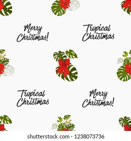 Christmas in the tropics. Seamless pattern with green monstera and red Xmas bows. Digital watercolor seamless background. Decoration on white backdrop. Hand drawn illustration.