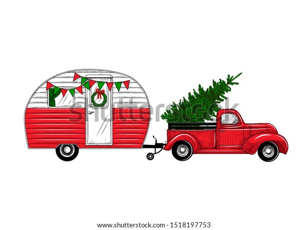 \
Christmas truck with a\
camper.Vintage vector illustration. \
  Engraved design elements on\
a white background.  Christmas style. Hand drawn retro card. Color\
drawing. \
