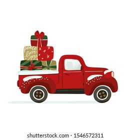 Christmas truck with decorated gift boxes. Red, green, gold vector stock image clipart with hand lettering.