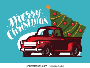 Christmas Truck with Fir Tree. Holiday greeting card vector illustration