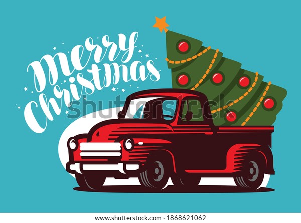 Christmas Truck with Fir Tree. Holiday\
greeting card vector\
illustration