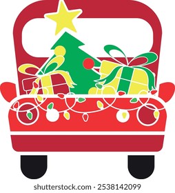 Christmas truck with gifts and tree vector illustration