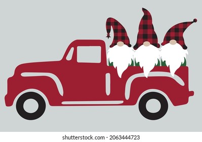 Christmas truck with christmas gnome svg cut file for winter home decoration. Vector illuctration for cutting machine. Christmas gnome with buffalo plaid hat. Red vintage truck with gnome.  svg